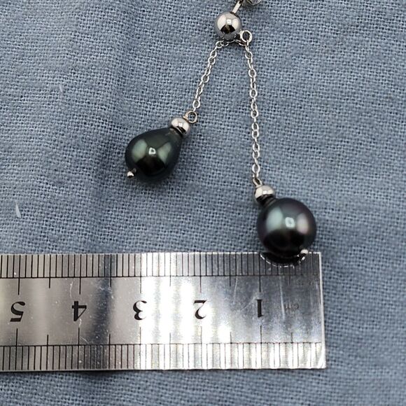 Sterling Silver 8-10mm Black Tahitian Double Pearl Drop Dangle Post Earrings - Picture 3 of 6